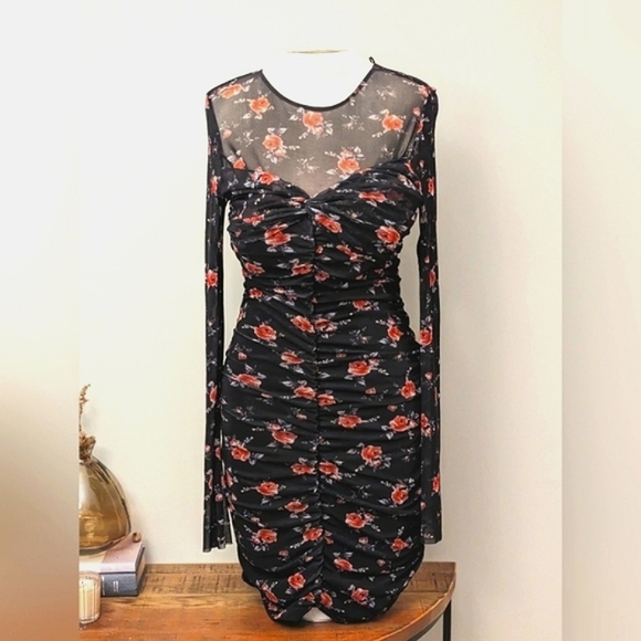 Zara Ruched Tulle Rose Pattern Dress with Mesh Long Sleeves - Picture 2 of 14